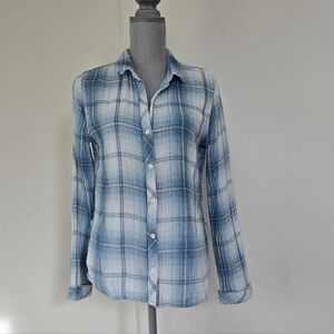 Side Stitch Plaid Crinkle Gauze Button Front Tunic Shirt Blue White size Medium